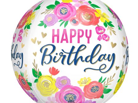 Artful Floral Birthday Orbz Balloon For Sale